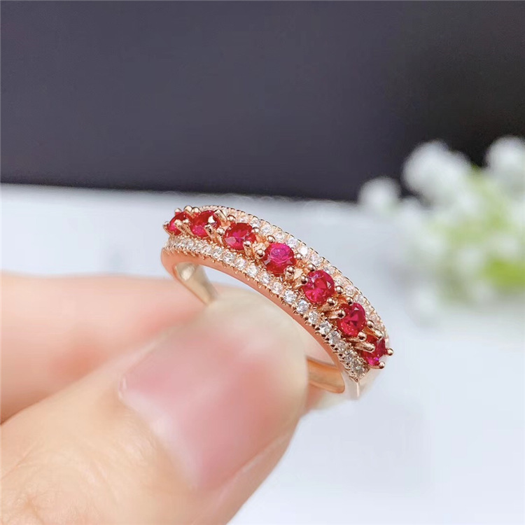新品简约天然红宝石排戒925银镀玫瑰金镶活口一件代发