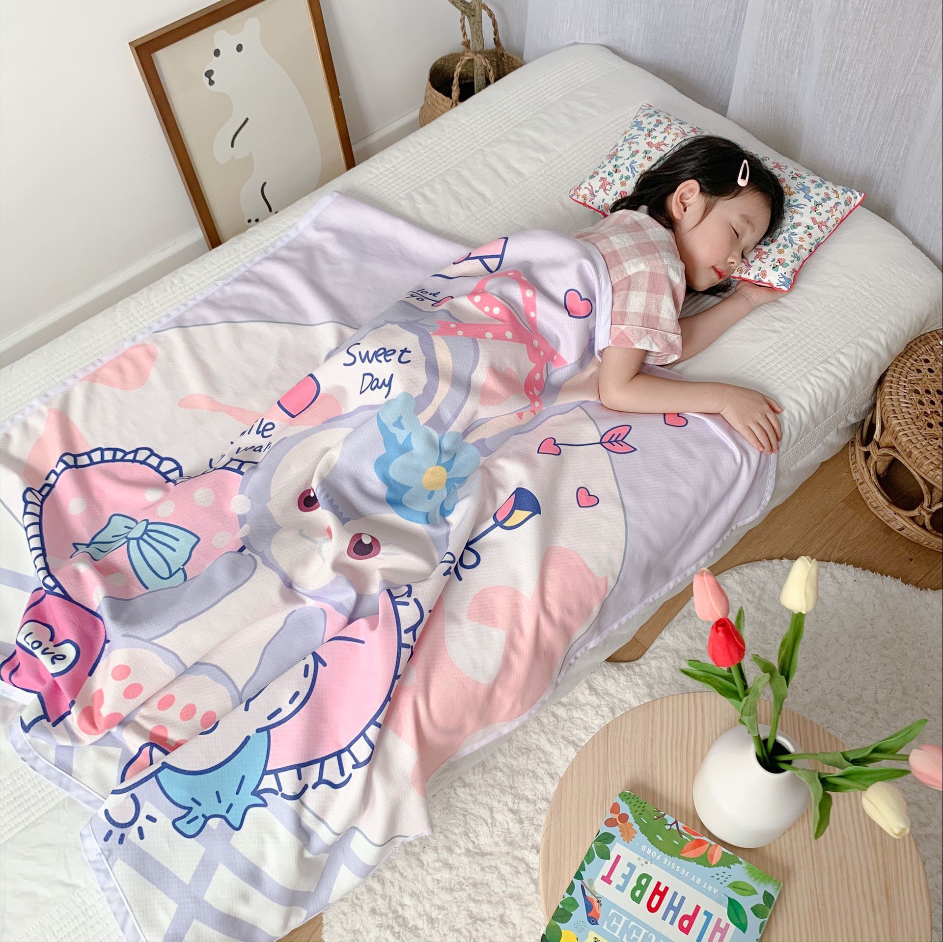 ins婴儿卡通纱布夹棉盖毯新生儿童被子空调被宝宝幼儿园午睡毯批