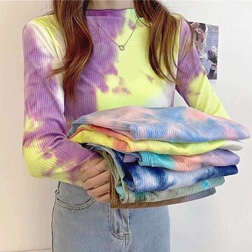 扎染罗纹布服装面料针织纬编吊染扎染人棉粘胶氨纶弹力螺纹罗纹布