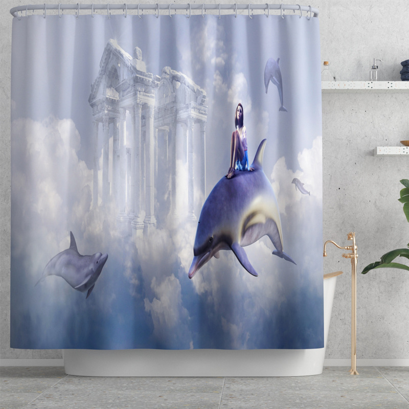 New Floral Print Dolphin Printing Waterproof Shower Curtain Carpet Four-Piece Set Toilet Mat Set for Cross-Border Overseas Warehouses