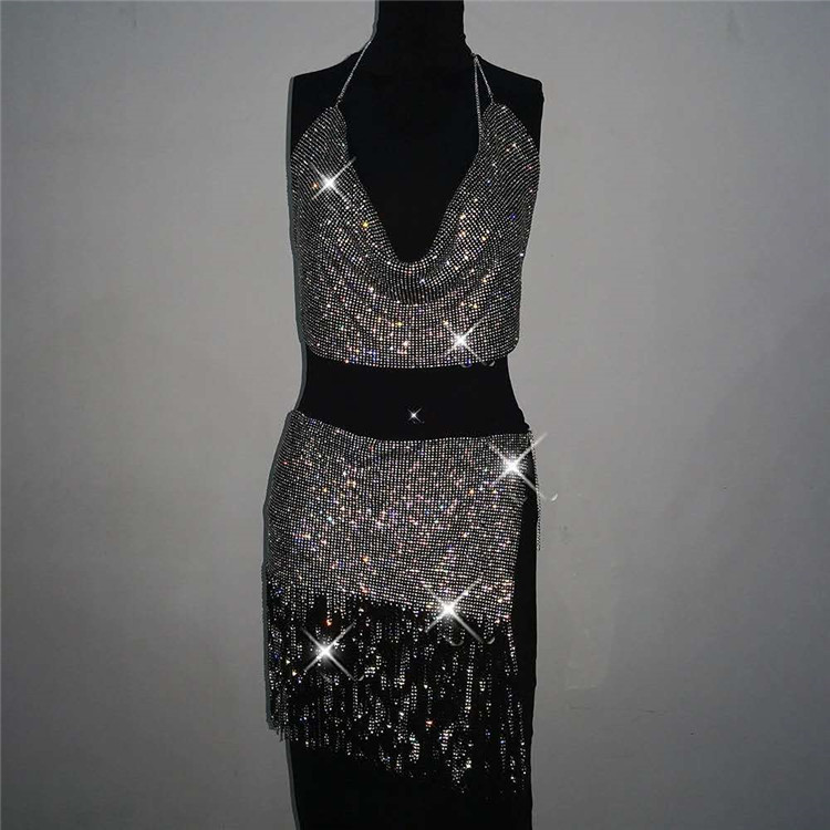 铝片衣服金属水钻系链吊带背心性感衣服比基尼镶钻金属钻石舞台装