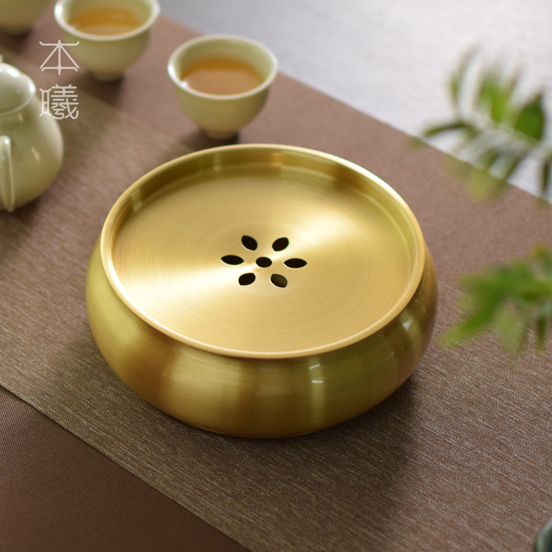 黄铜小茶盘储水茶海干泡台中式禅意金属圆形简约小型家用功夫茶具