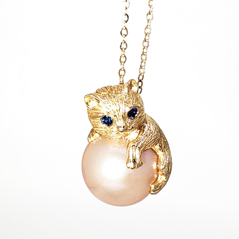 18k金拉丝工艺蓝宝石猫天然珍珠吊坠定制可定制14k拉丝