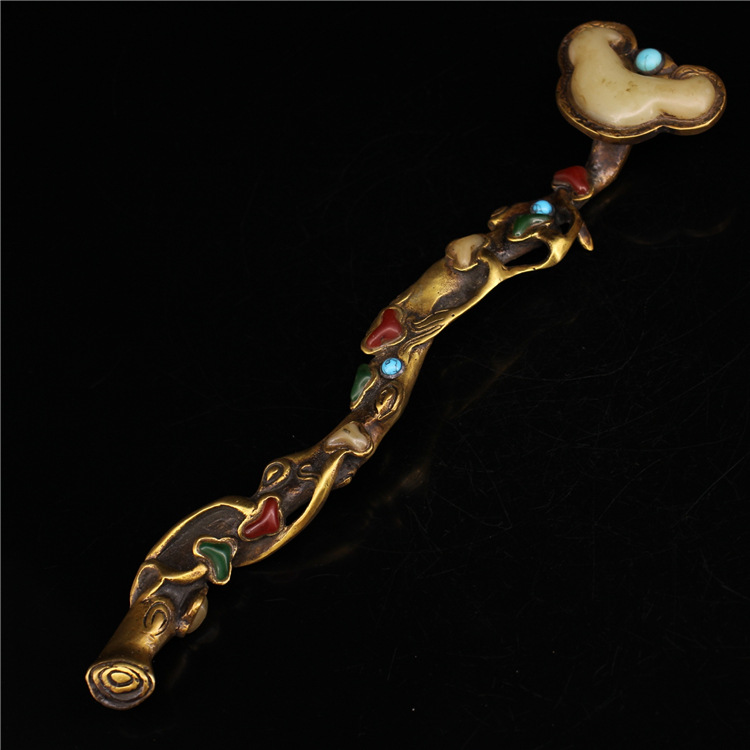 西藏藏传纯铜福寿如意摆件铜鎏金嵌玉老物件事事如意风水招财镇宅