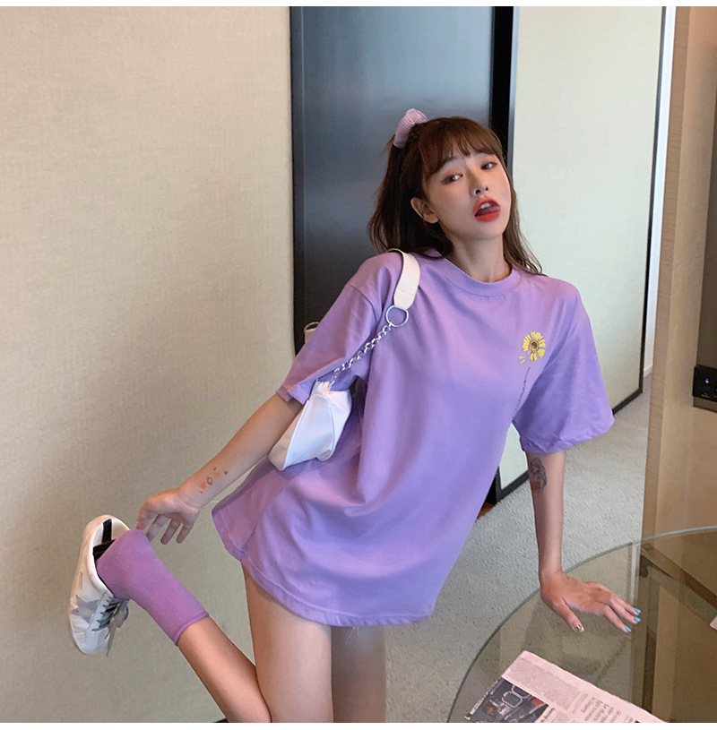 实拍 小众香芋紫色小雏菊短袖t恤女春夏季2020新款韩版宽松上衣