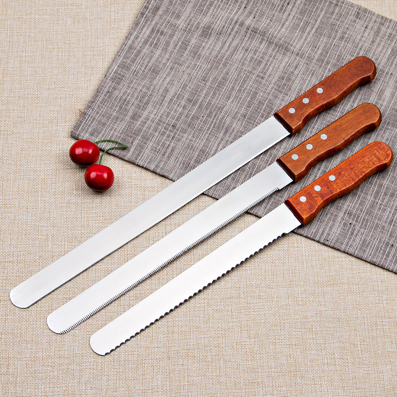 Wooden Handle Bread Knife Toast Slicing Knife Saw Knife Stainless Steel Cake Scraper Coarse Texture Young Teeth Flat Teeth Baking Tools