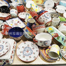 潮州外贸陶瓷餐具地摊杂货陶瓷批发五彩色釉杂件碗盘碟子库存瓷器
