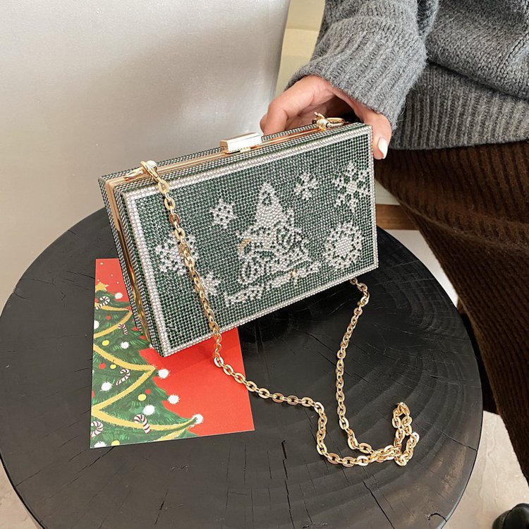 Foreign Trade New European and American Fashion Cool Diamond Christmas Tree Snowflake Female Tide Chain Box Bag Shiny Rhinestone Women Bag