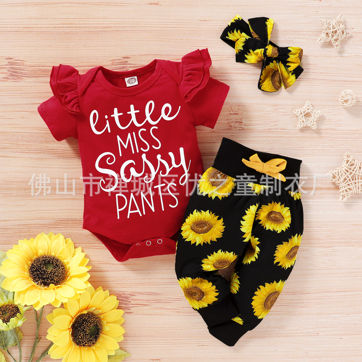 Cross-Border Exclusive for Amazon Aliexpress Hot Sale Baby Romper Three-Piece Sunflower Printing Baby Clothes