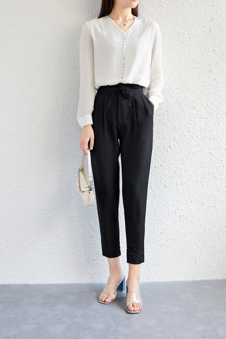 纯色高腰花苞裤头系带九分显瘦锥形裤女