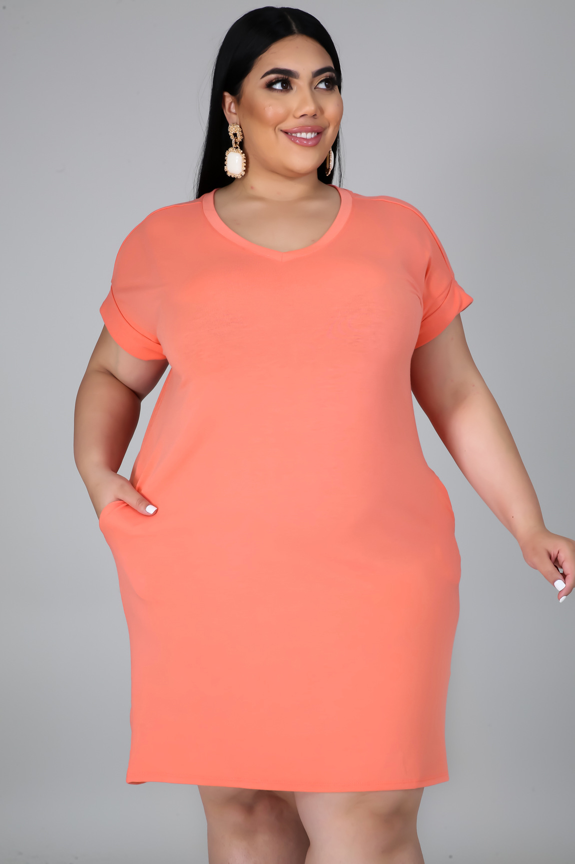 xc6121欧美女装新款纯色连衣裙v领大码女装胖mm短袖中长裙