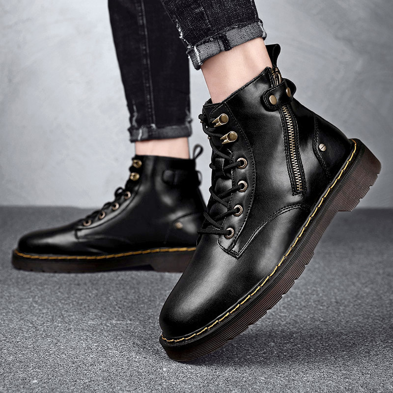 跨境秋冬高帮港风走秀鞋男士靴子皮面休闲鞋潮流时尚马丁靴加绒鞋