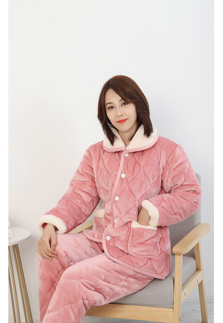 睡衣女冬季珊瑚绒法兰绒加厚加绒冬天长袖大码棉袄三层夹棉家居服