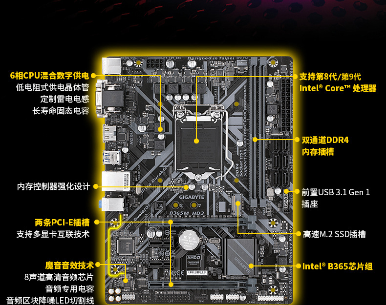 技嘉b365m hd3电竞主板1151台式机天哪主机箱游戏小主板b360换代