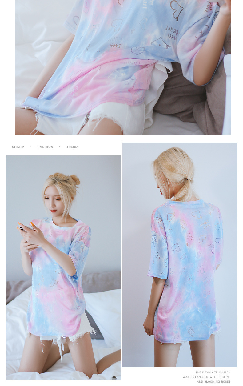 渐变色短袖t恤女网红ins体恤夏季2020新款韩版宽松半袖上衣潮