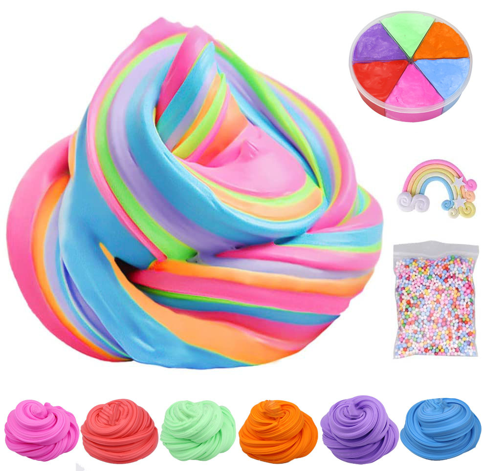 新款亚马逊彩虹slime puff拉面泥六色棉花泥不混色史莱姆diy玩具