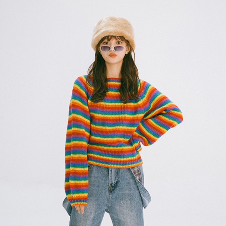 午睡自制日系宽松慵懒风泫雅毛衣女彩虹条纹针织衫2020春秋季新款