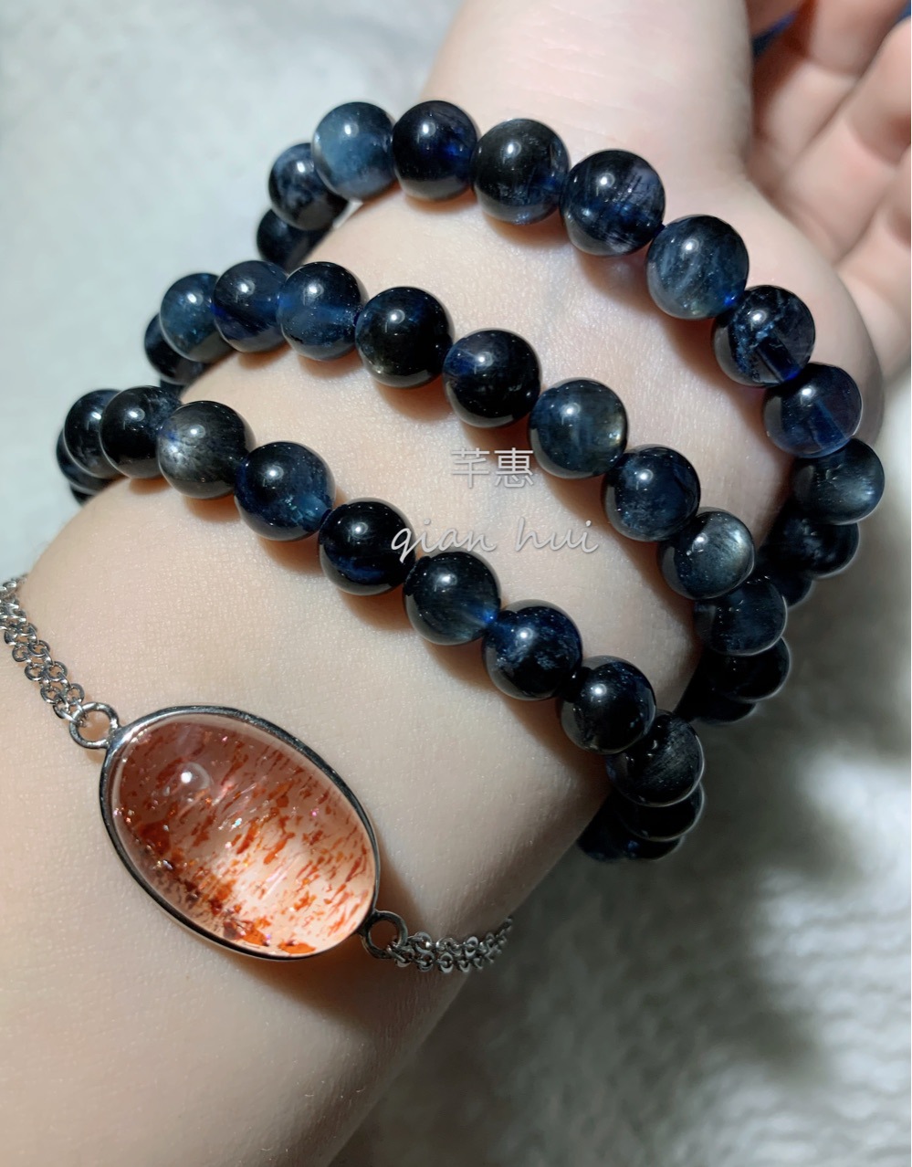 天然水晶海蓝宝金属光泽闪耀魔鬼蓝单圈手链手串饰品 地狱之眼