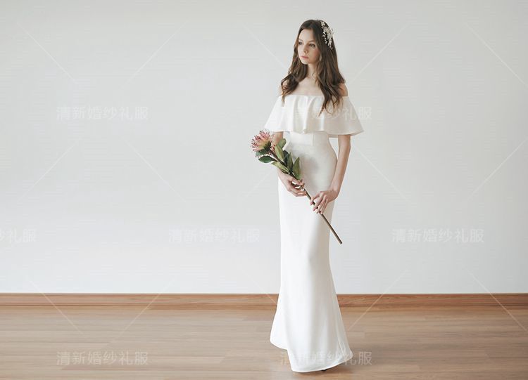 2023简约白色一字肩婚纱礼服敬酒齐地宴会生日草坪婚礼旅拍仙