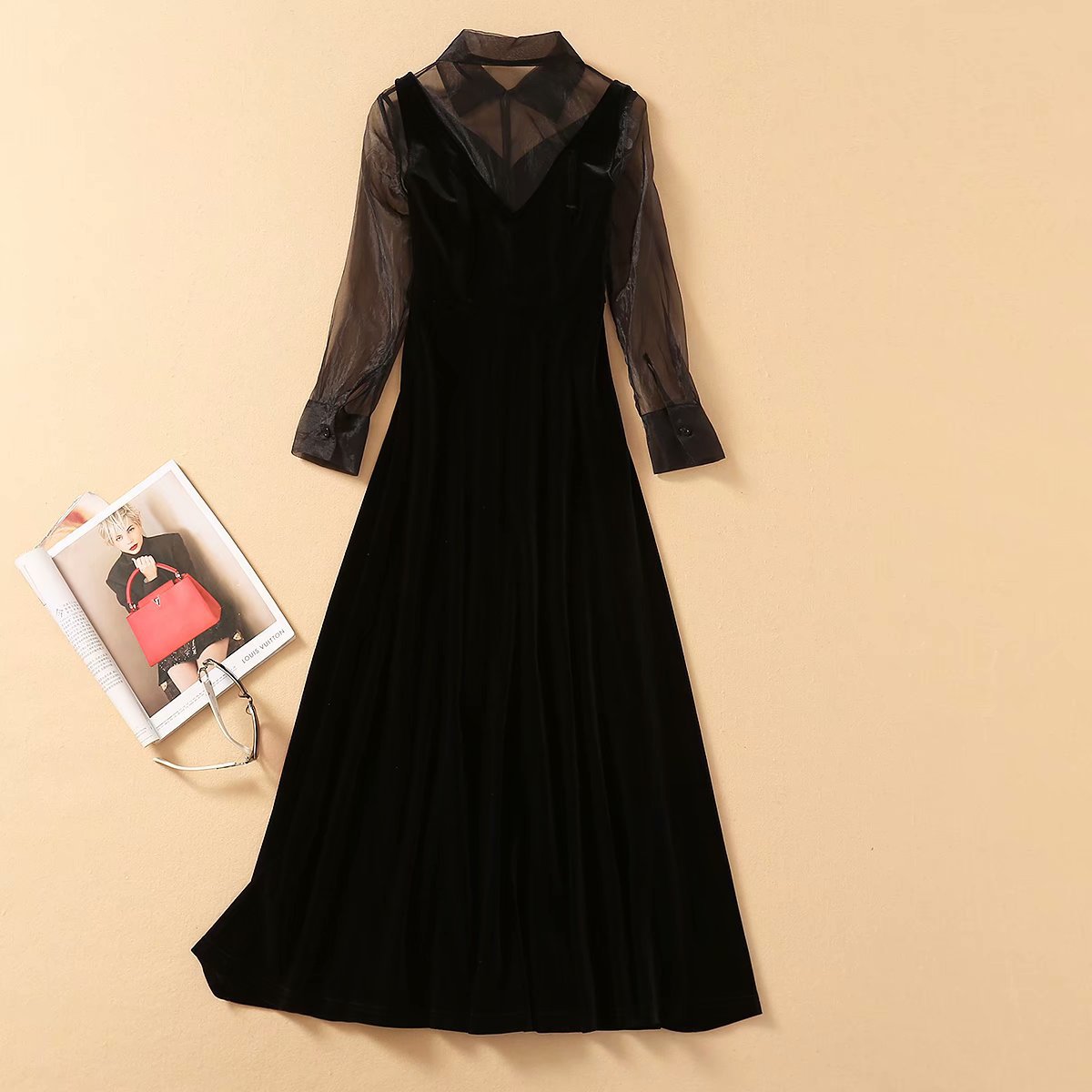 2021年春欧美女装新款网纱拼接丝绒连衣裙法式小众赫本风黑色裙子