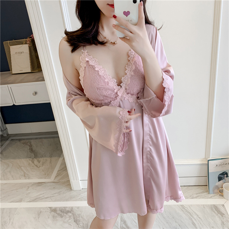 sexy pajamas women‘s spring summer suspenders nightdress ice silk two-piece pajamas long sleeve lace sexy home wear