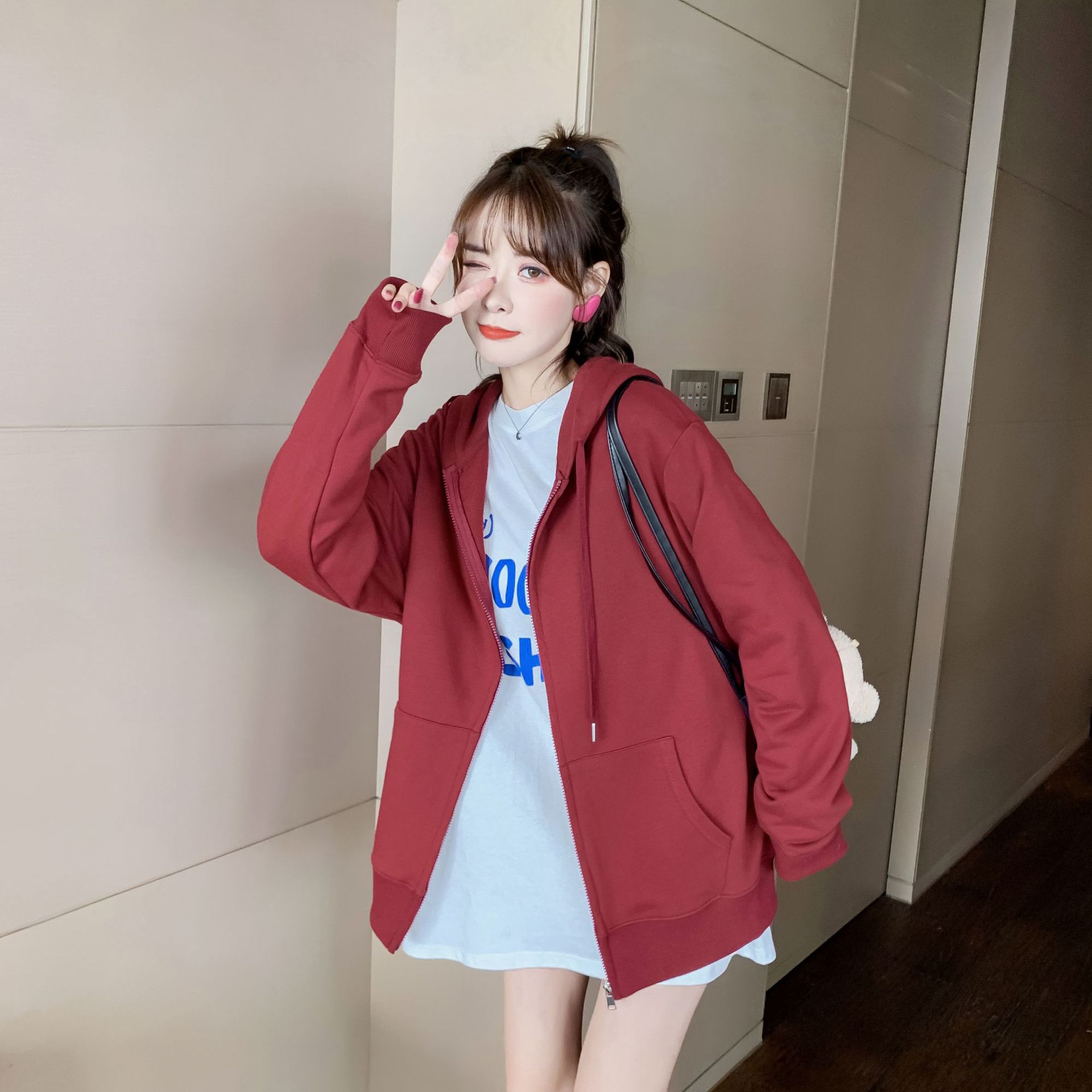 慵懒风卫衣女连帽秋冬新款2020百搭开衫休闲上衣宽松运动外套帽衫