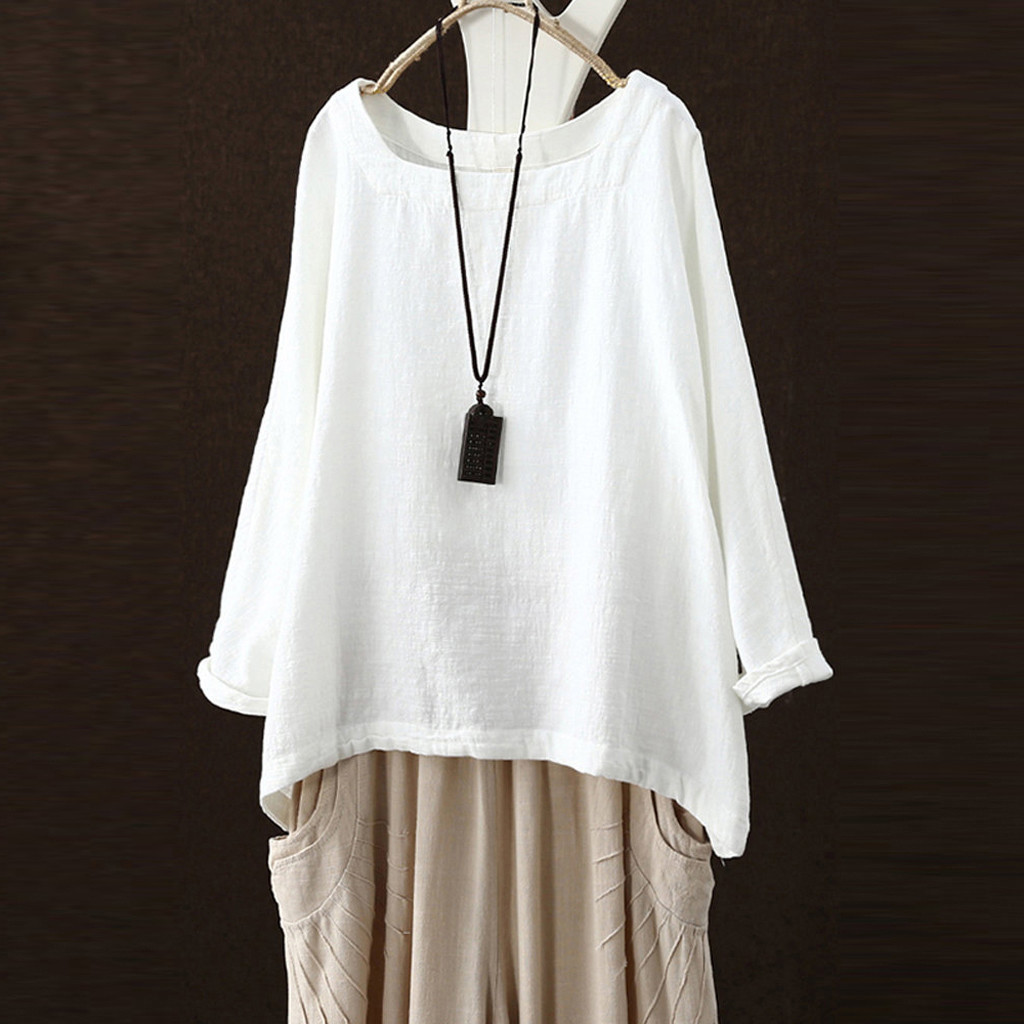 棉麻宽松长袖t恤女v领文艺范亚麻上衣新品春夏宽松型女式服装