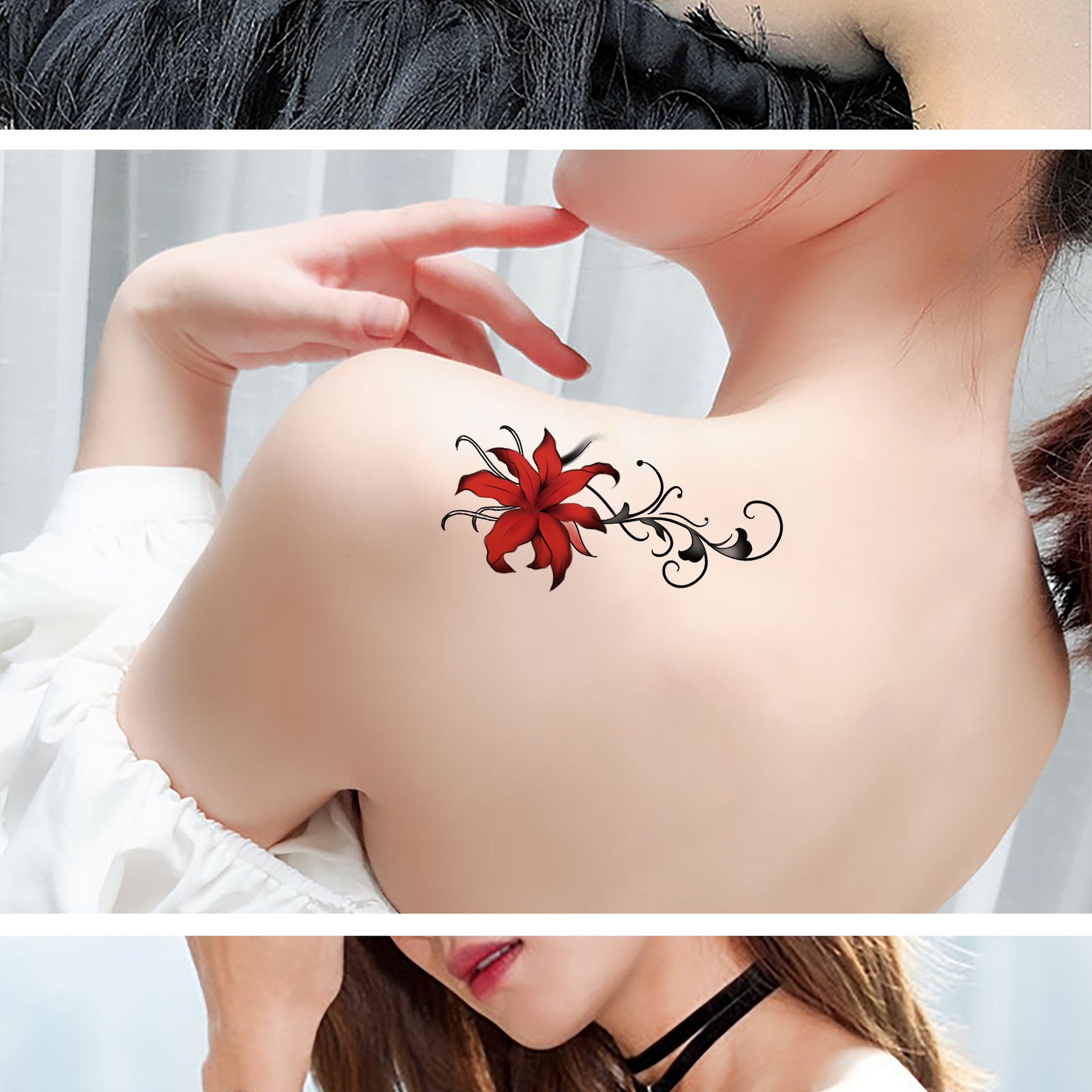 批发新款彼岸花纹身贴性感锁骨遮疤曼珠沙华小图案文身贴纸定制