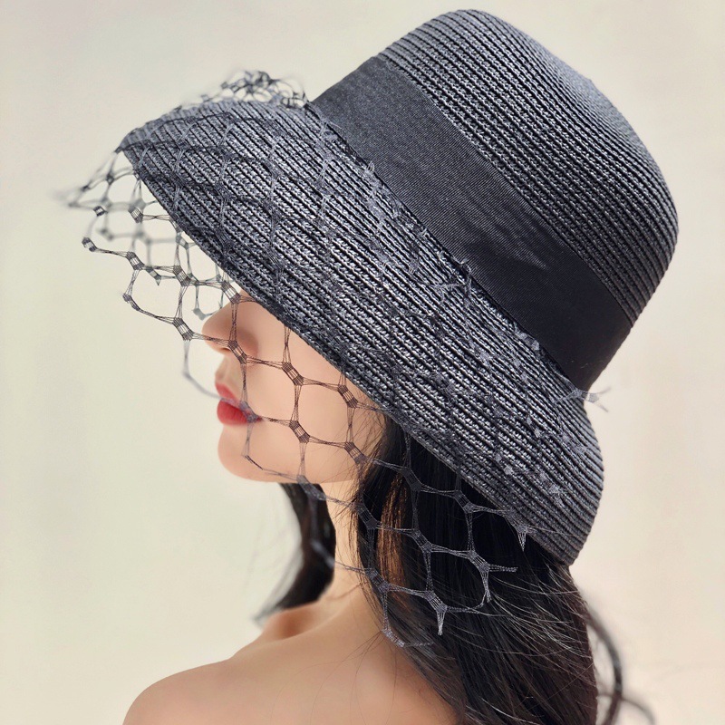 法式优雅复古网纱黑色钟型盆帽女夏遮阳防晒沙滩白色渔夫礼帽草帽