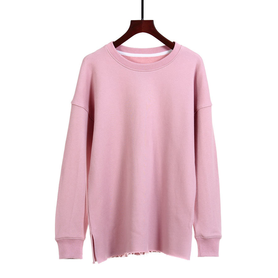 卫衣女春秋款毛圈圆领长袖套头上衣毛茬下摆开叉欧美版跨境好货源