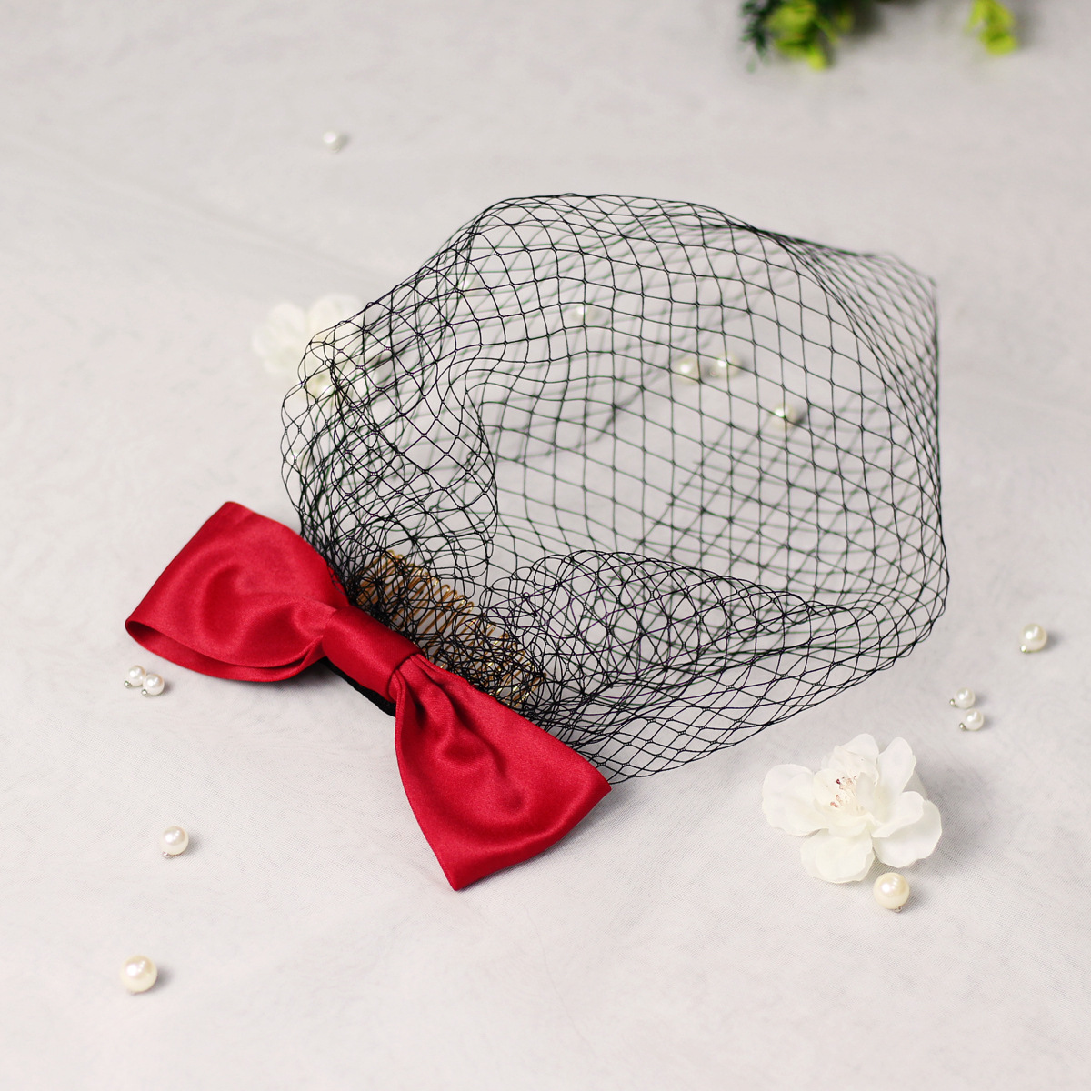 my019新款新娘头饰 超仙复古酒红蝴蝶结网格遮面纱 影楼造型旅拍