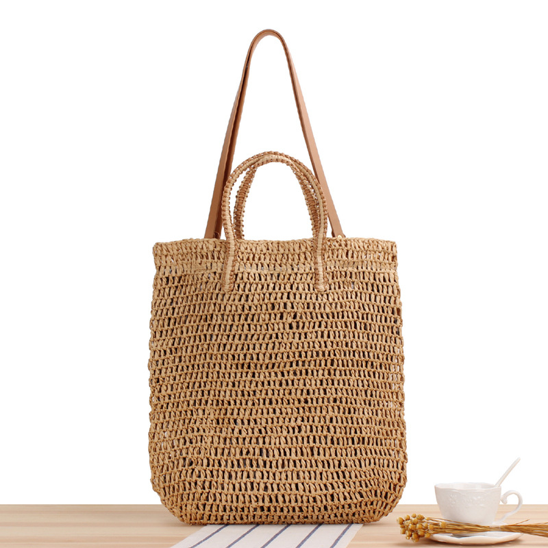 New Solid Color Hollow Shoulder Hand-Carrying Dual-Use Woven Bag Mori Style Vacation Beach Handmade Straw Bag