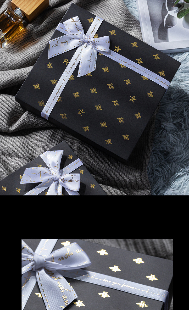 现货黑色蝴蝶结礼品盒高档天地盖礼物盒长方形烫金礼品包装盒