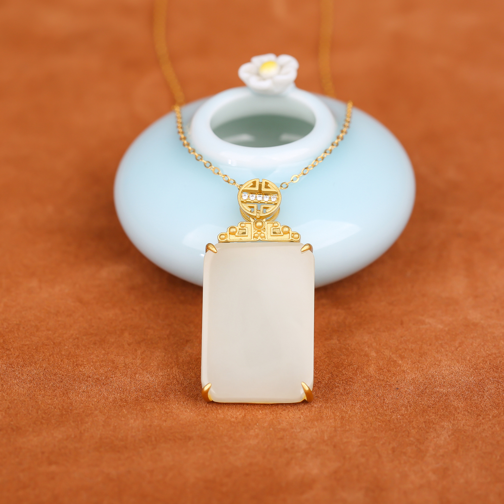 s925银古法银天然和田玉无事牌吊坠长方形和田玉锁骨链白玉项链