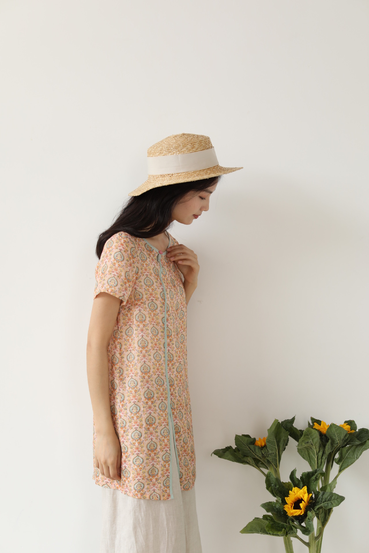 瓷语2020夏季新款苎麻哈密瓜色长衫 文艺复古百搭棉麻 显瘦