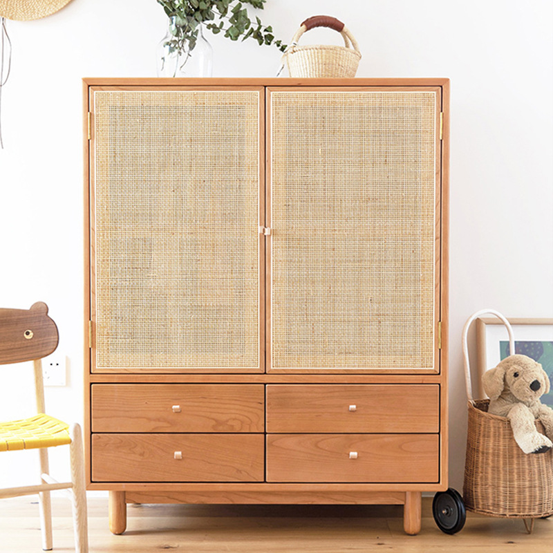 儿童衣柜 北欧实木藤编门衣柜家用收纳小衣橱卧室可定制