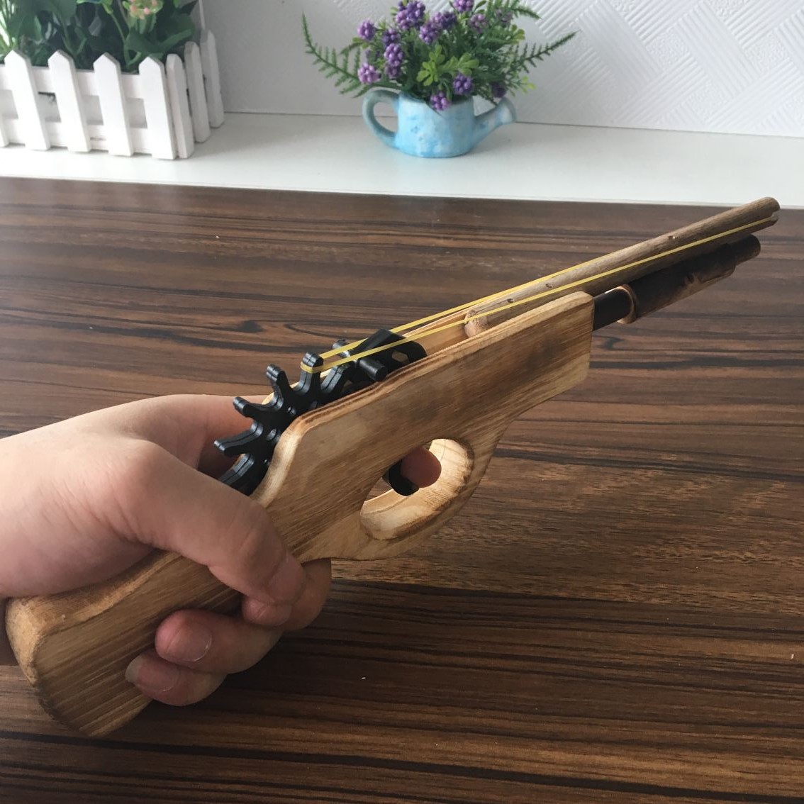 木制儿童游戏道具手枪模型玩具 木头长双管手枪户外打皮筋木质枪