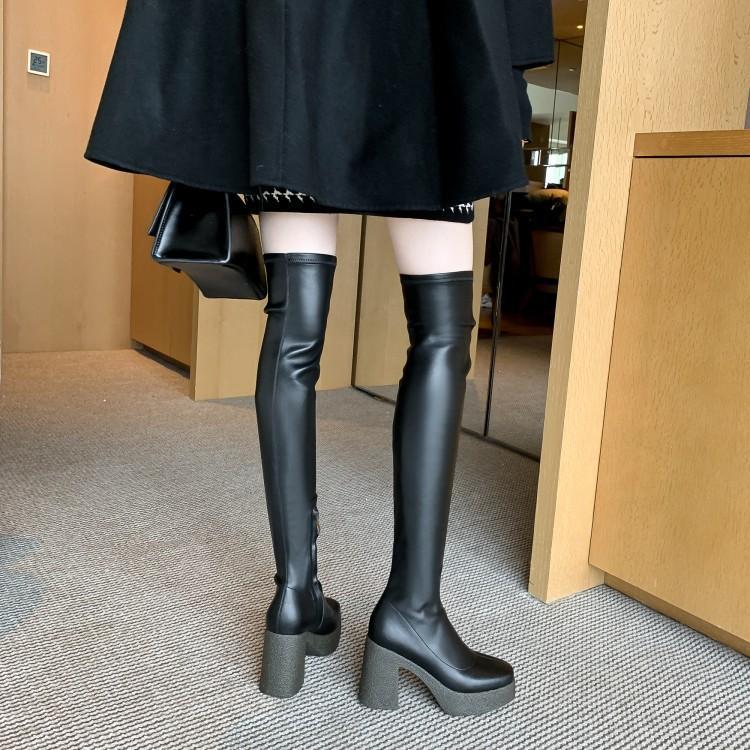 彩云秋冬弹力靴子女瘦瘦靴厚底粗跟高跟过膝长靴长筒真皮女靴 fko