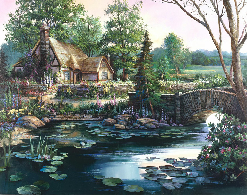 新款满钻山水房子风景组合魔方圆钻自然森林流水diy钻石绣装饰画