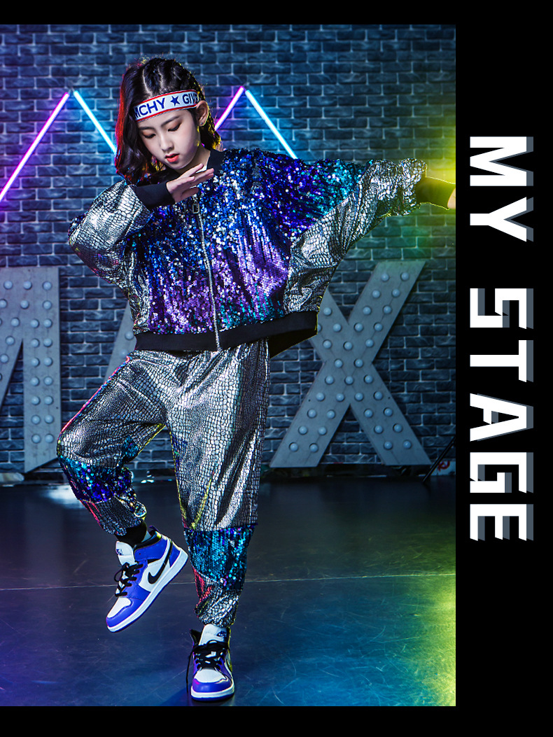 元旦儿童演出服套装架子鼓男童亮片银色走秀嘻哈街舞女童衣服潮装