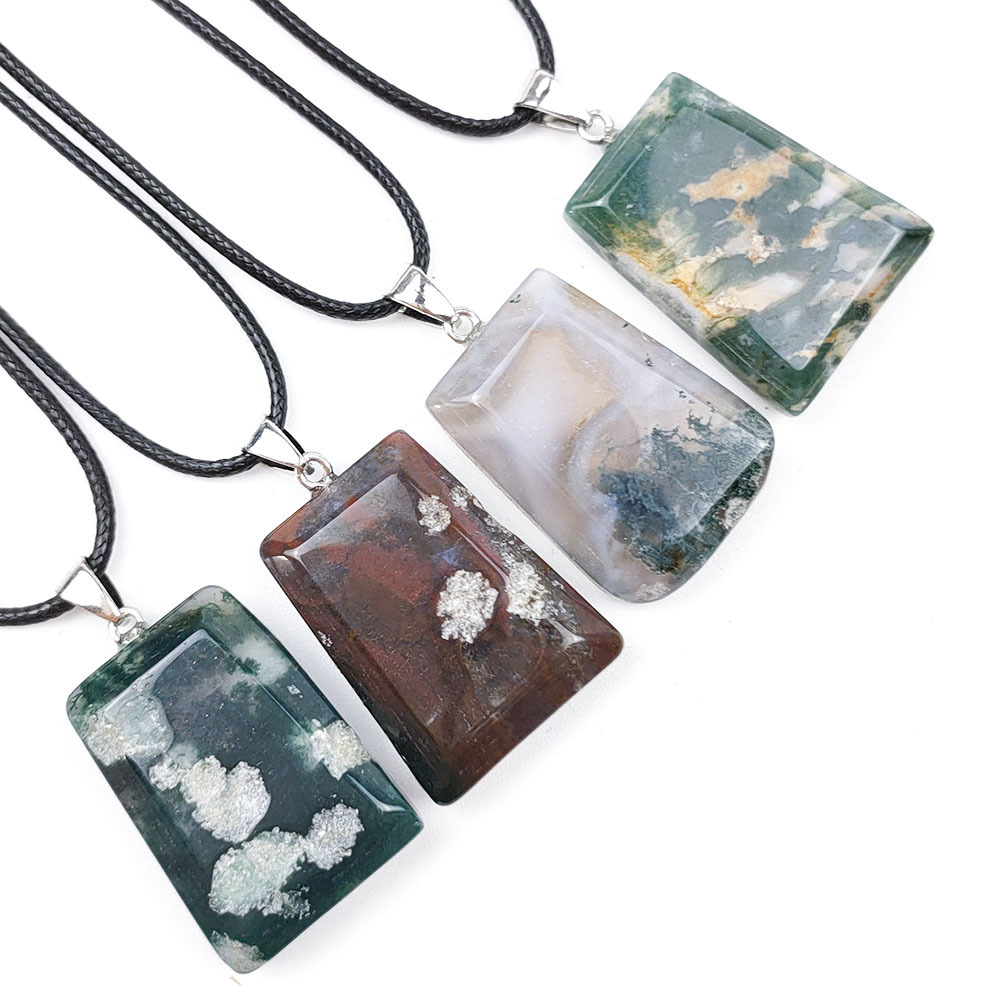 Natural Crystal Natural Stone Water Plants Agate Pendant Necklace Natural Color Trapezoidal Lucky Pendant Pendant Accessories European and American