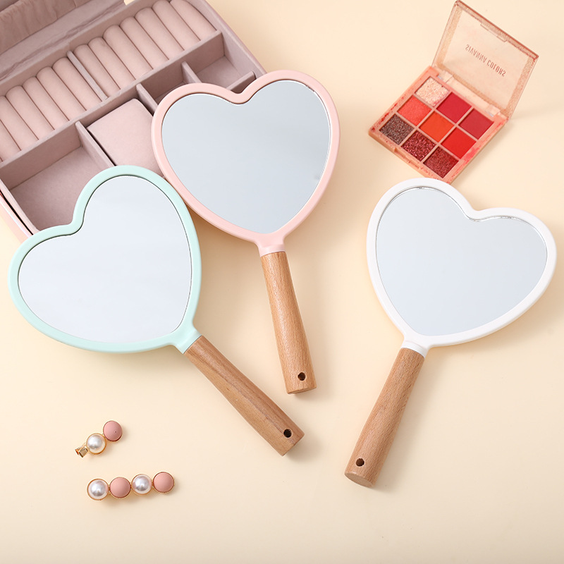 candy color mirror beech hand-hold mirror makeup mirror cute handheld wooden mirror love portable single-sided beauty small mirror