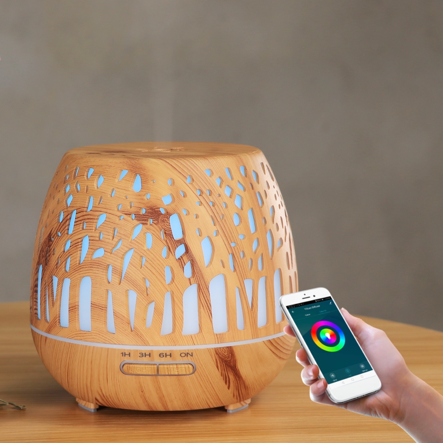 WiFi Smart Graffiti 400ml Wood Grain Forest Aroma Diffuser Hollow Humidifier Support Multiple System Connection