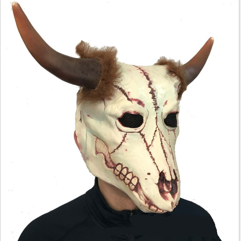 骷髅带角牛头骨面具恐怖万圣节化妆舞会派对道具动物乳胶头套mask