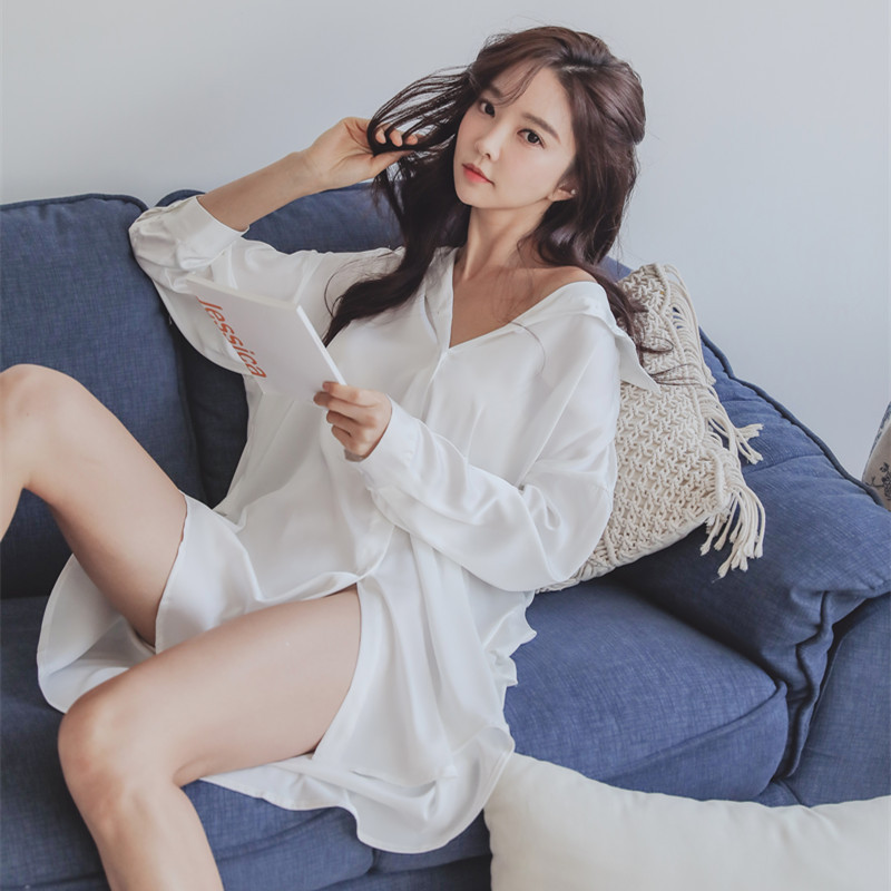 Spring and Summer Oversize Style Pajamas for Women Ice Silk Home Wear Can Be Worn outside Long Sleeve Sexy Boyfriend Style Shirt Nightdress