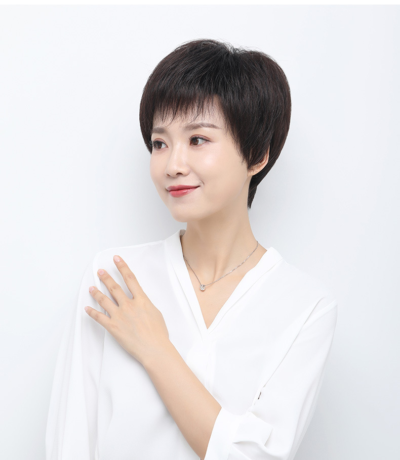 假发 女短发自然时尚全头套中老年妈妈全真人发丝毛碎刘海 短直发
