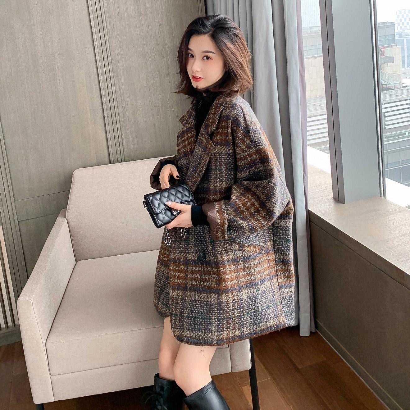 格子毛呢外套女中长款2020秋冬新款流行韩版小个子粗花呢子大衣潮