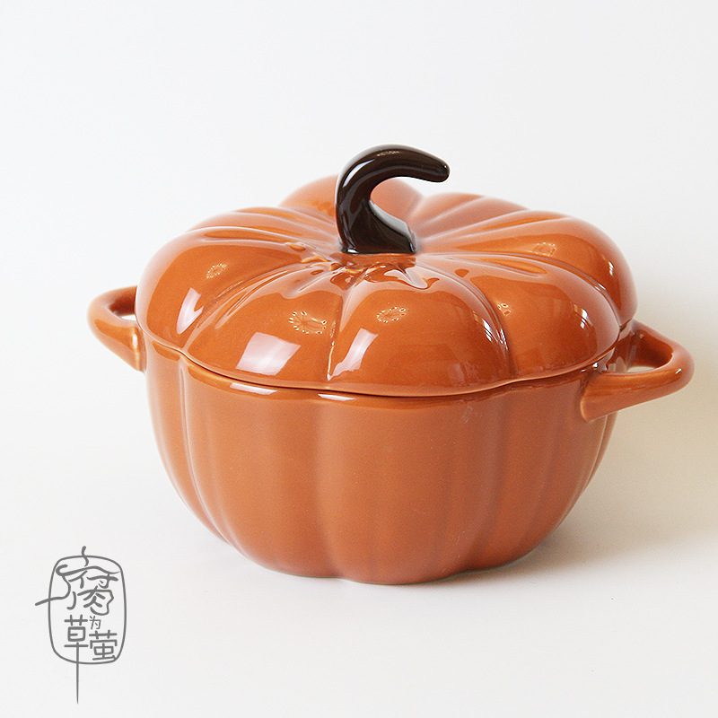 New Product Creative Cute Pumpkin Shape Binaural Baking Bowl Ceramic Stew Cup Baking Utensils Dessert Bowl with Lid