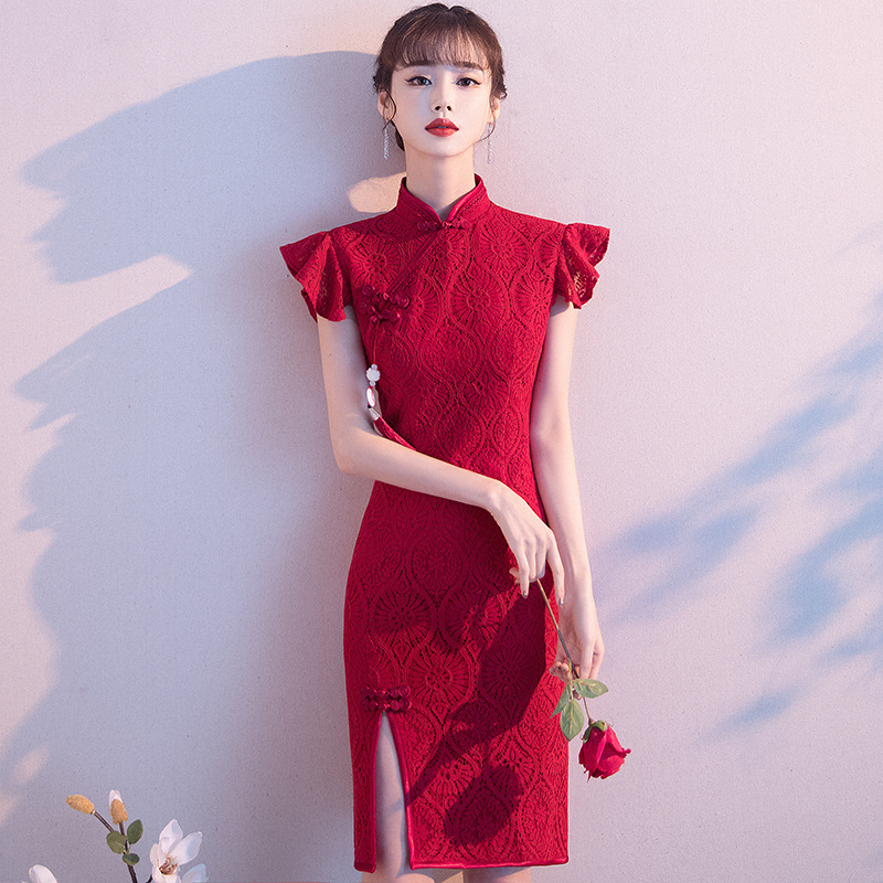 蕾丝旗袍敬酒服2020春款红色鱼尾中长款新娘回门中国风结婚礼服女