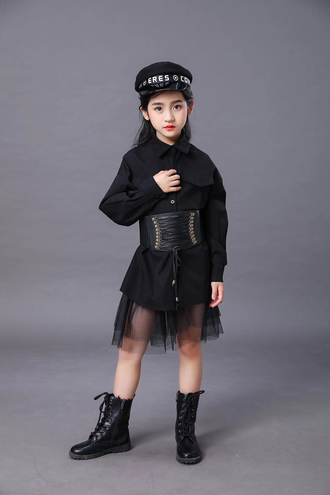 儿童黑色套装女童模特比赛t台时尚走秀服装礼服六一演出西服潮夏